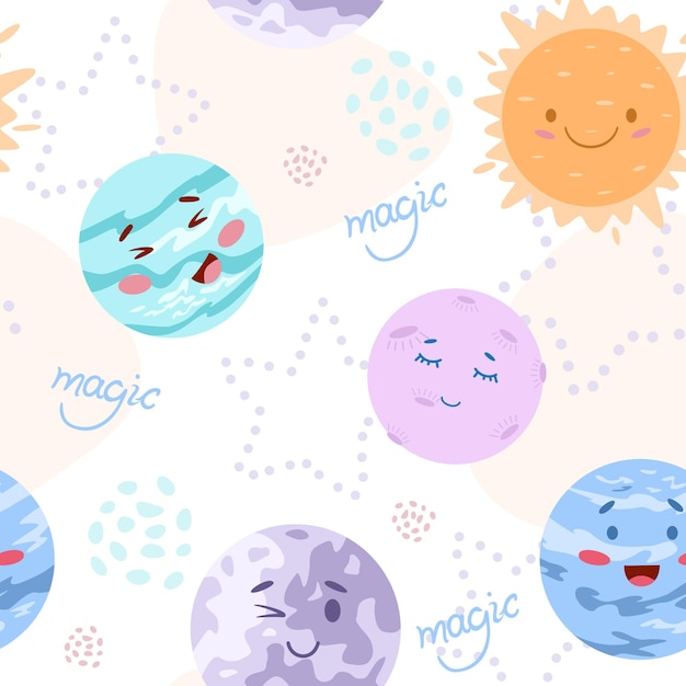 Cute childish pattern with planets and sun on a light background For textile wallpaper fabric