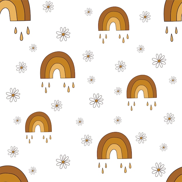 Vector cute childish retro seamless pattern with rainbows in boho style in pastel shades