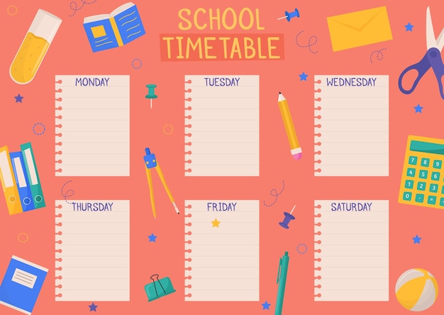 Cute childish school timetable weekly classes schedule for kids with school supplies