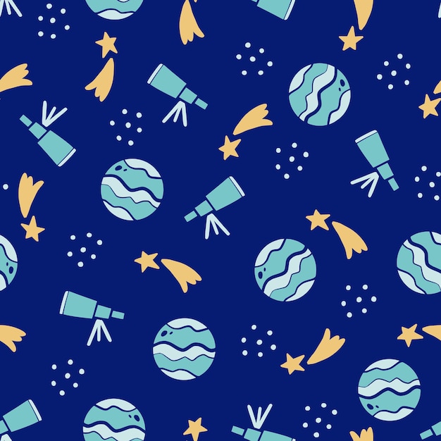cute childish seamless pattern of space elements, planet, star, telescope. hand drawn kids style.