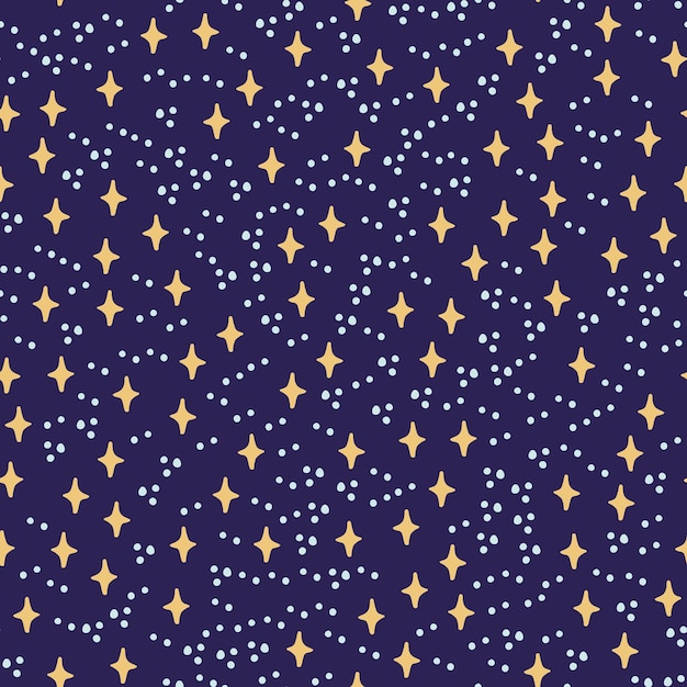 Cute childish seamless pattern of space elements, star, dots. hand drawn cartoon kids style.