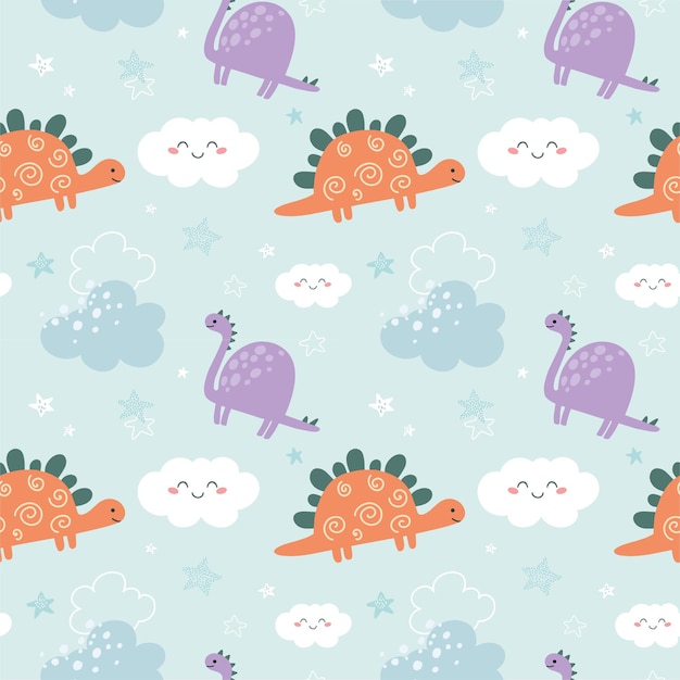 Vector cute childish seamless pattern with dinosaurs clouds and stars