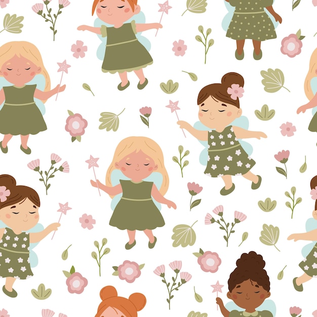 Cute childish seamless pattern with fairy and flowers