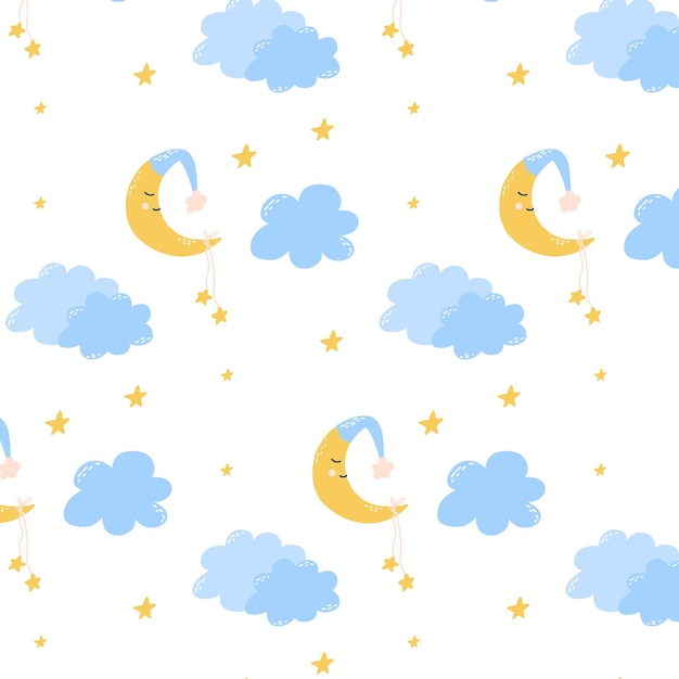 Симпатичный детский бесшовный узор с лунными облаками и звездами. Узор для детской пижамы. Спокойной ночи. Векторная иллюстрация, нарисованная вручную в мультяшном стиле.