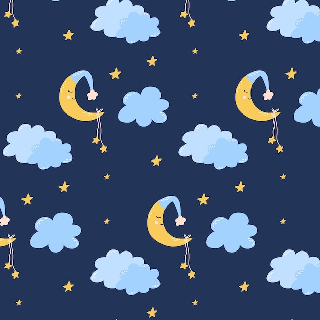 Cute childish seamless pattern with moon clouds and stars Pattern for childrens pajamas Good night Vector illustration hand drawn cartoon style