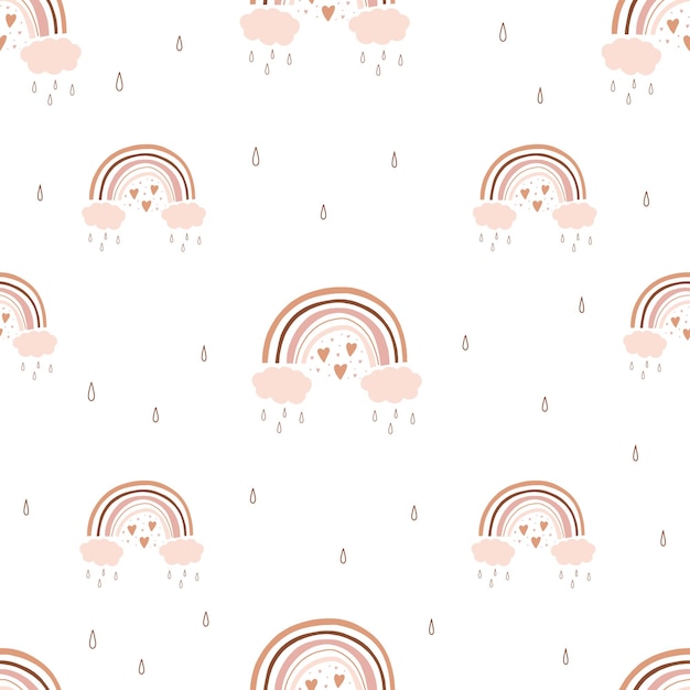 Vector cute childish seamless pattern with rainbows in boho style in pastel shades