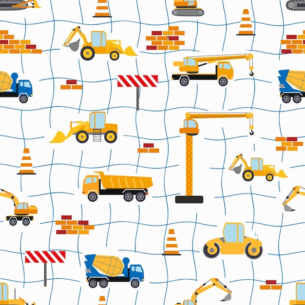 Cute childish seamless pattern with yellow car dump truck crane concrete mixer Construction site illustration in cartoon style