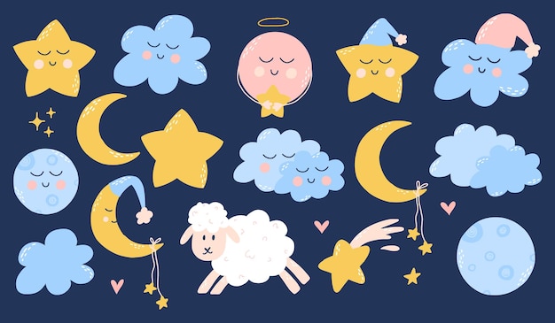 Carino set infantile di elementi della buona notte collezione per bambini di stelle nuvole lune pianeti illustrazione vettoriale in stile cartone animato disegnato a mano