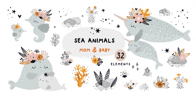 Cute childish set with sea animals and coral reef elements