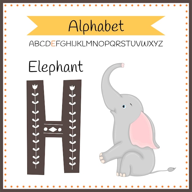 Carino bambini abc animale alfabeto e flashcard di elefante per i bambini che imparano il vocabolario inglese