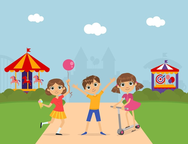 Cute children at amusement park summer landscape with carousels and castle vector illustration