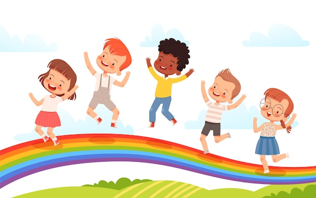 Cute children are jumping on a rainbow against the background of spring fields. The concept of a happy childhood, friendship and joy. Bright kids poster. Stock .