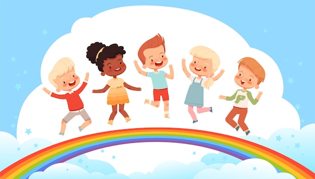 I bambini carini stanno saltando su un arcobaleno tra le nuvole. poster su un'infanzia felice, amicizia e gioia. sfondo fata per bambini luminosi. piatto del fumetto