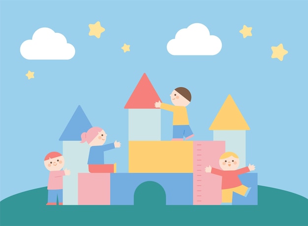 Cute children are playing with building a castle with huge blocks