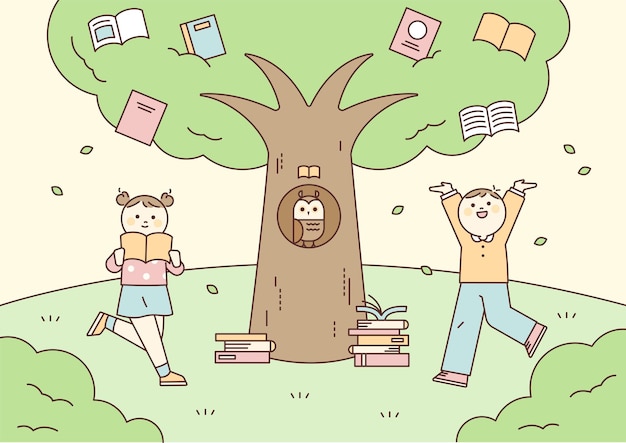 Cute children are studying in front of a big tree