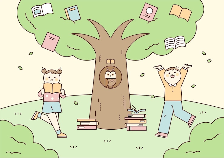 Vector cute children are studying in front of a big tree
