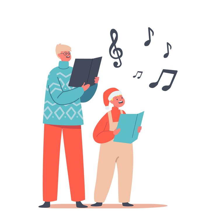Vector cute children caroling, happy kids characters wearing santa claus hats and knit sweaters singing christmas songs