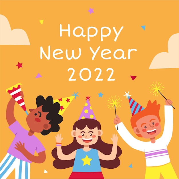 Vector cute children celebrating new year social media post