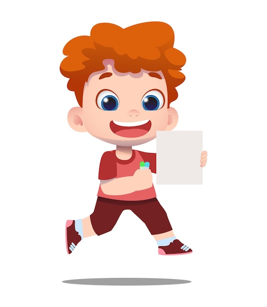 Vector cute children character holding paper and crayon