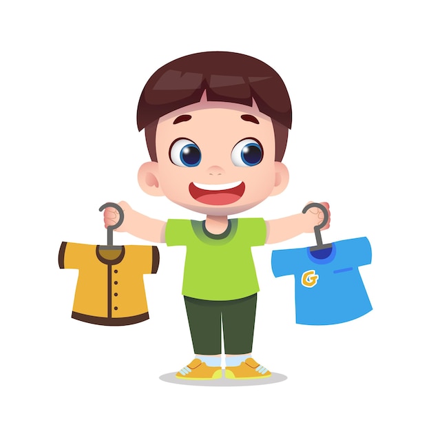 Вектор Симпатичный детский персонаж, делающий покупки и покупающий одежду