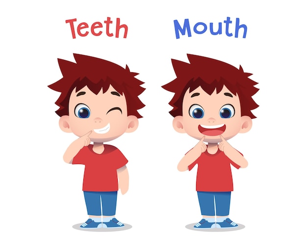 ベクトル 歯と口を指すかわいい子供たちのキャラクター