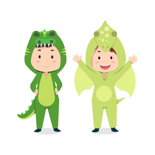 Vector cute children characters with dinosaurs and crocodile