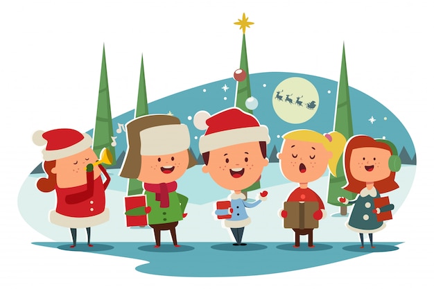 Cute children choir singing carols cartoon