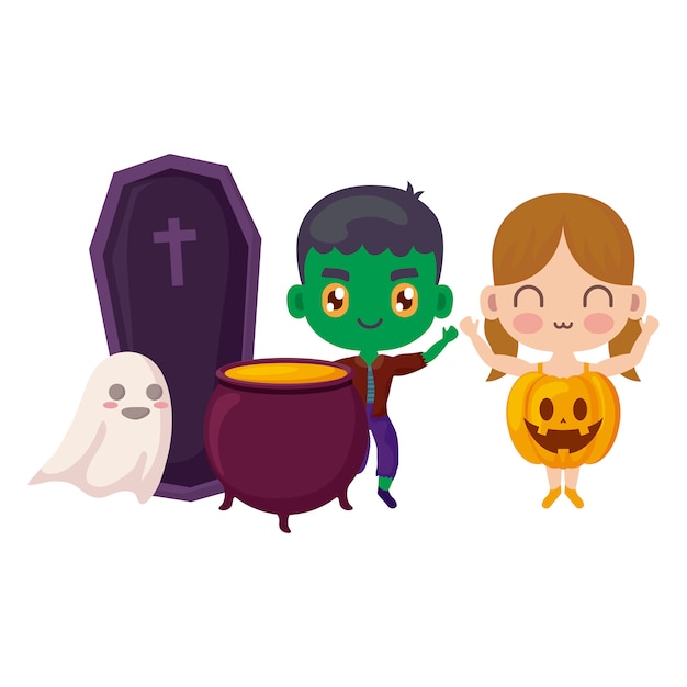 ベクトル ハロウィーンに変装したかわいい子供たち