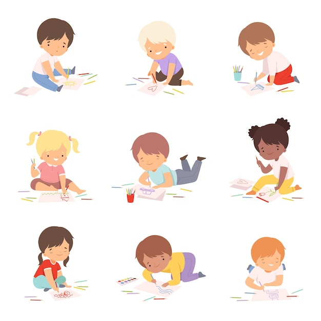 Cute children drawing pictures with colorful pencils set adorable young artists cartoon characters