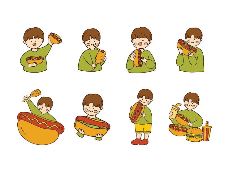 Vector 귀여운 아이 들 이 핫도그 를 먹는 일러스트레이션