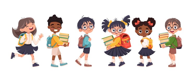 Vector cute children going to school together little different kids are happy to be back to school