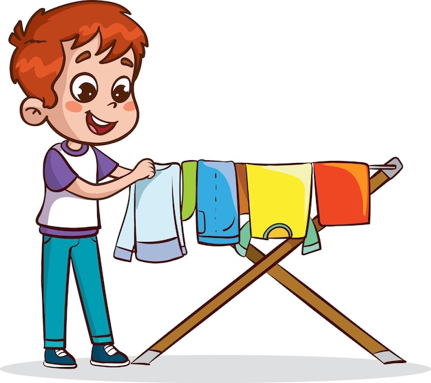 cute children hanging laundryboy hanging clean washed clothes to dry