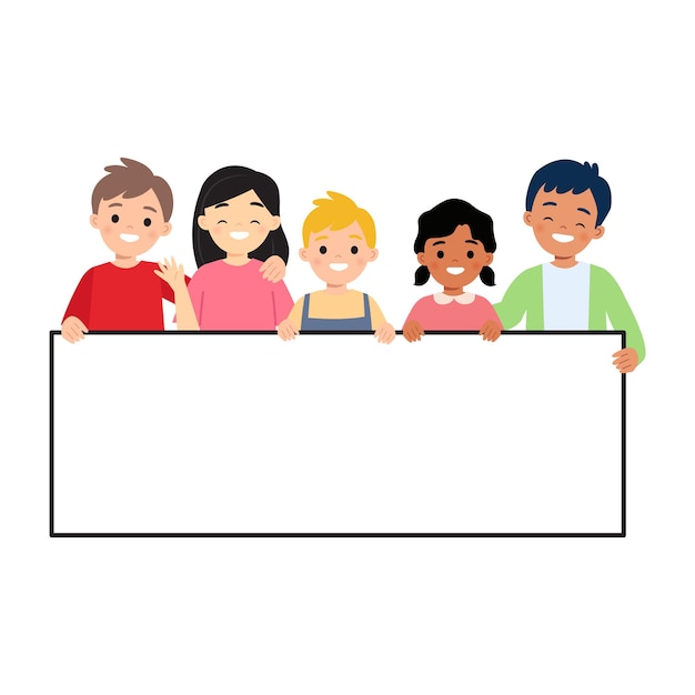 Cute children holding an empty board poster flat vector design