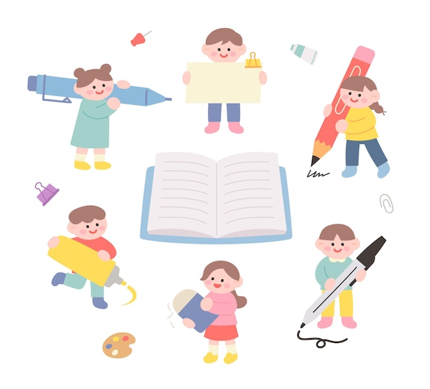 Cute children holding large pens and writing in notebooks