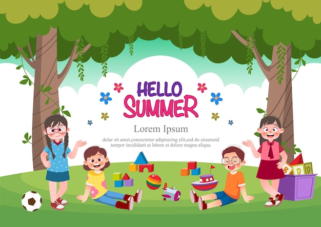 かわいい子供たちは外で遊ぶテキスト ポスター背景ウェブサイトの準備ができた広告パンフレットのテンプレート子供の絵のスタイル