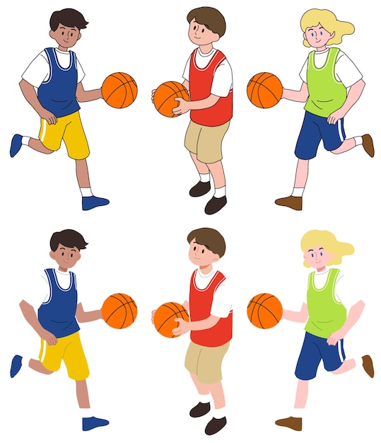 Vettore bambini carini che giocano a basket, sport per bambini