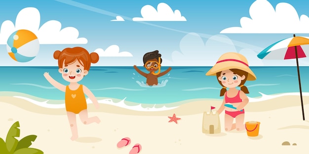 Vector cute children playing on the beach adorable kids on summer vacations babies resting on sea coast