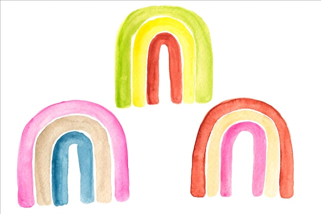 Simpatici disegni per bambini arcobaleno multicolore in stile boho. arcobaleno pastello rosa acquerello.