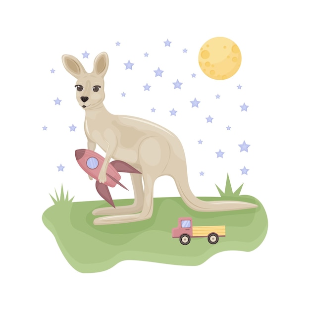 Cute children s illustration. A cheerful kangaroo sits on a green lawn with toys and a rocket in its paws, as well as with the moon and stars in the sky. Children s print illustration, vector.