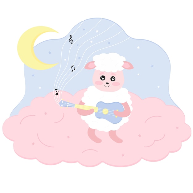 Cute children's vector illustration Lamb plays a lullaby on a ukulele