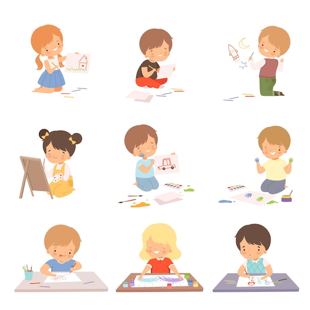 Cute children sitting on the floor and drawing pictures with colorful pencils set adorable young