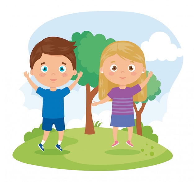 Cute children standing smiling in landscape illustration