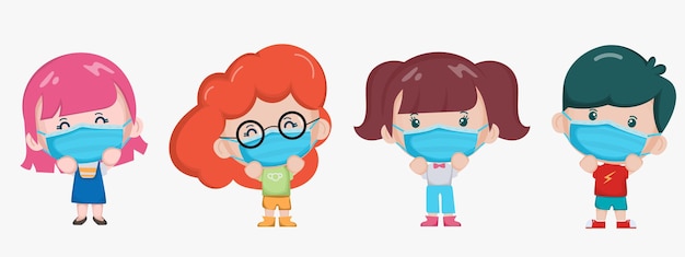 Vector cute children wearing a face mask character.