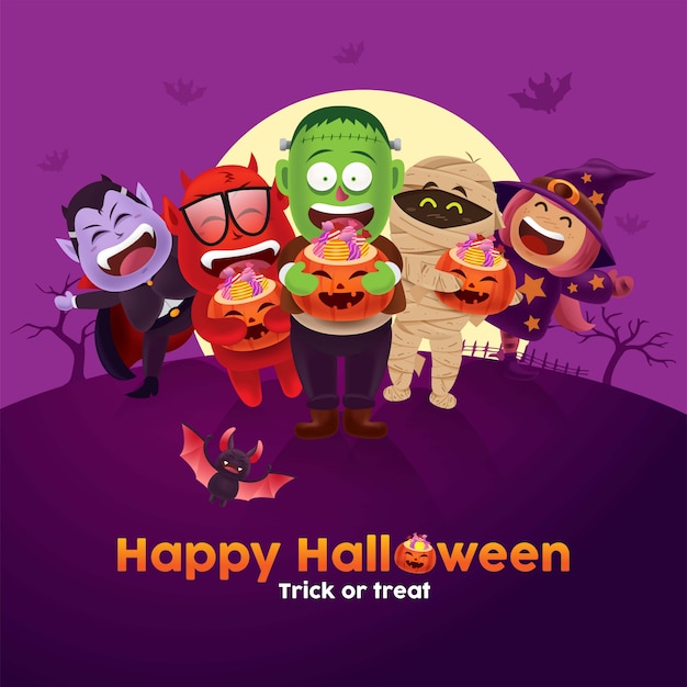 Cute children with monster and ghost costume carrying Halloween pumpkin bucket of candy