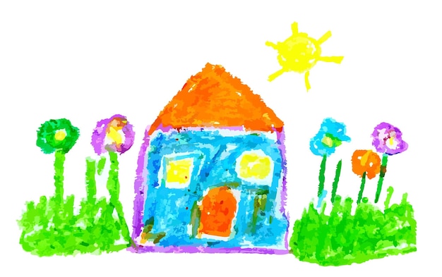 Cute childrens drawing crayon illustration of house with flower in sunny day