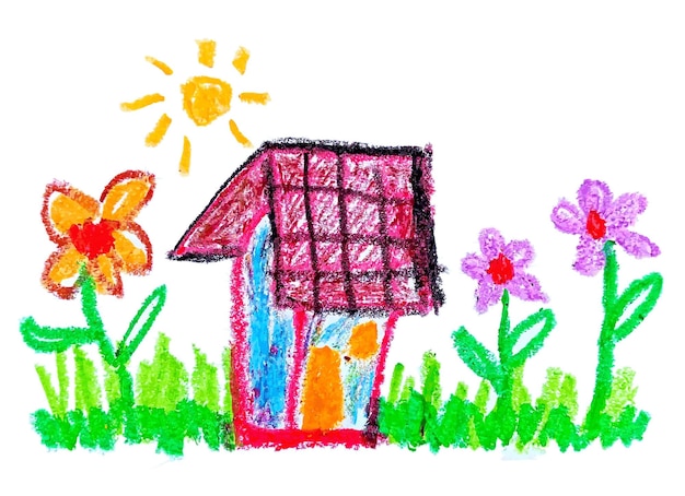 Cute childrens drawing crayon illustration of house with flower in sunny day