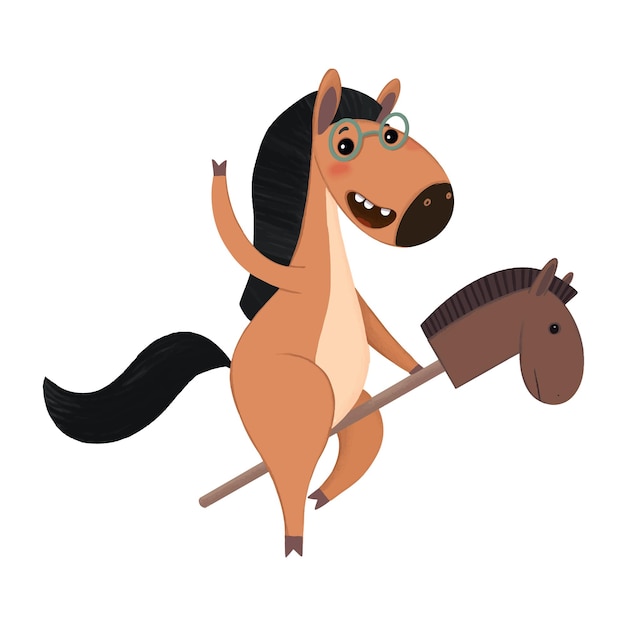 Illustrazione per bambini carina di un cavallo che salta su un cavallo giocattolo