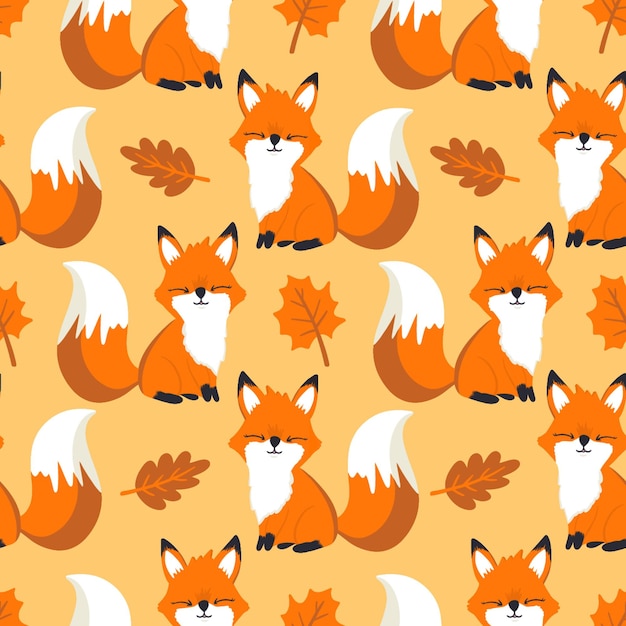 Cute childrens pattern with fox and tree foliage autumn seamless pattern with cute foxes