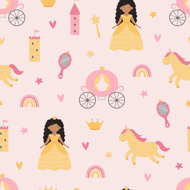 Cute childrens pattern with a princess and a unicorn