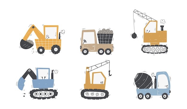 Vettore simpatico set di camion e escavatori per bambini in stile scandinavo attrezzature per l'edilizia